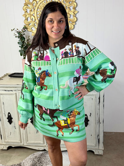 Queen of Sparkles Multi Derby Race Scene Knit Button Up Cardigan