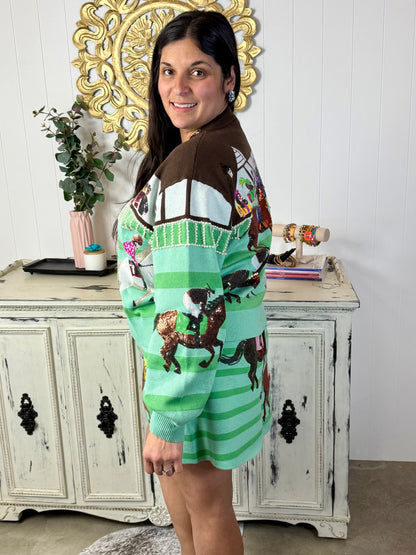 Queen of Sparkles Multi Derby Race Scene Knit Button Up Cardigan