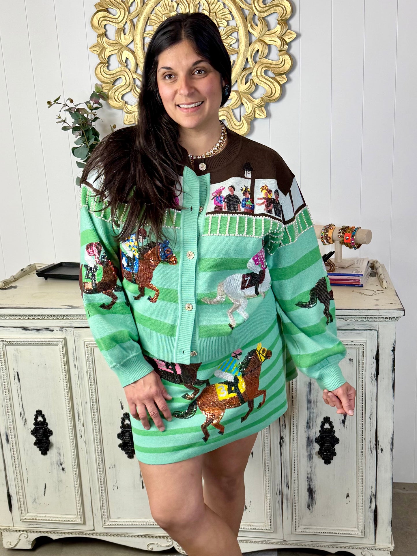 Queen of Sparkles Multi Derby Race Scene Knit Button Up Cardigan