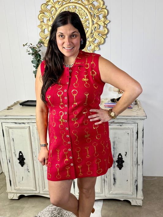 Queen of Sparkles Red & Gold Horse Bit Button Up Knit Sleeveless Collar Dress