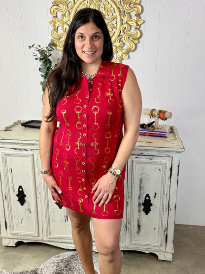 Queen of Sparkles Red & Gold Horse Bit Button Up Knit Sleeveless Collar Dress