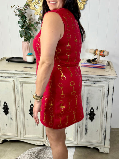 Queen of Sparkles Red & Gold Horse Bit Button Up Knit Sleeveless Collar Dress