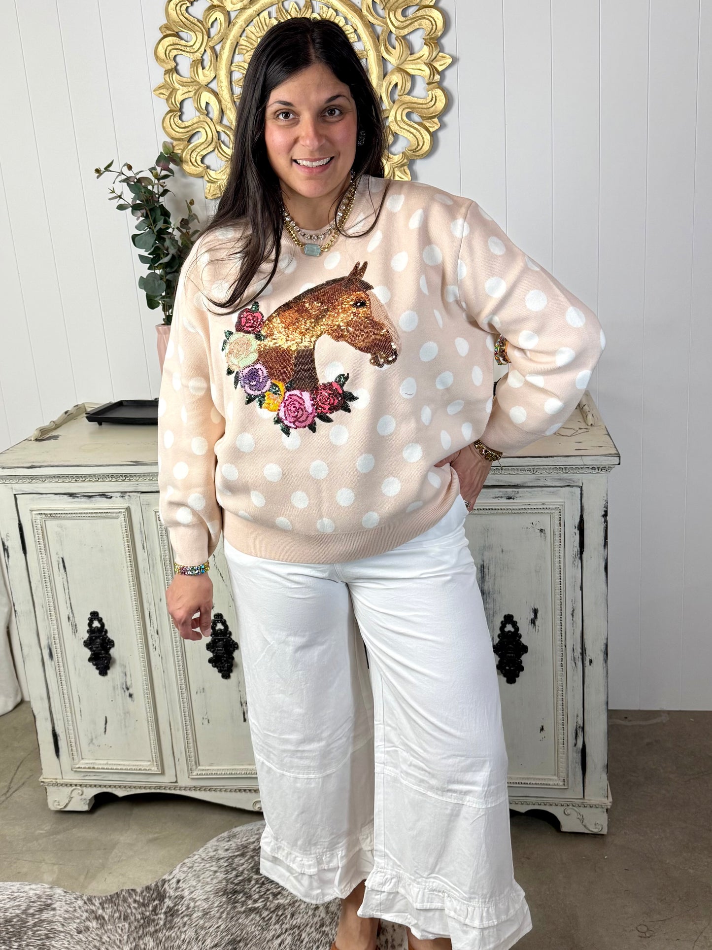 Queen of Sparkles Tan Polka Dot Horse With Rose Wreath Sweater