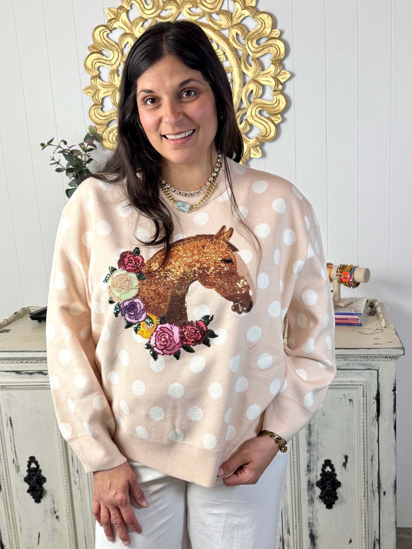 Queen of Sparkles Tan Polka Dot Horse With Rose Wreath Sweater