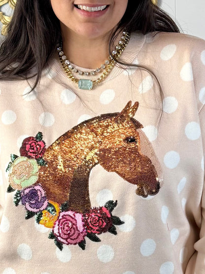 Queen of Sparkles Tan Polka Dot Horse With Rose Wreath Sweater