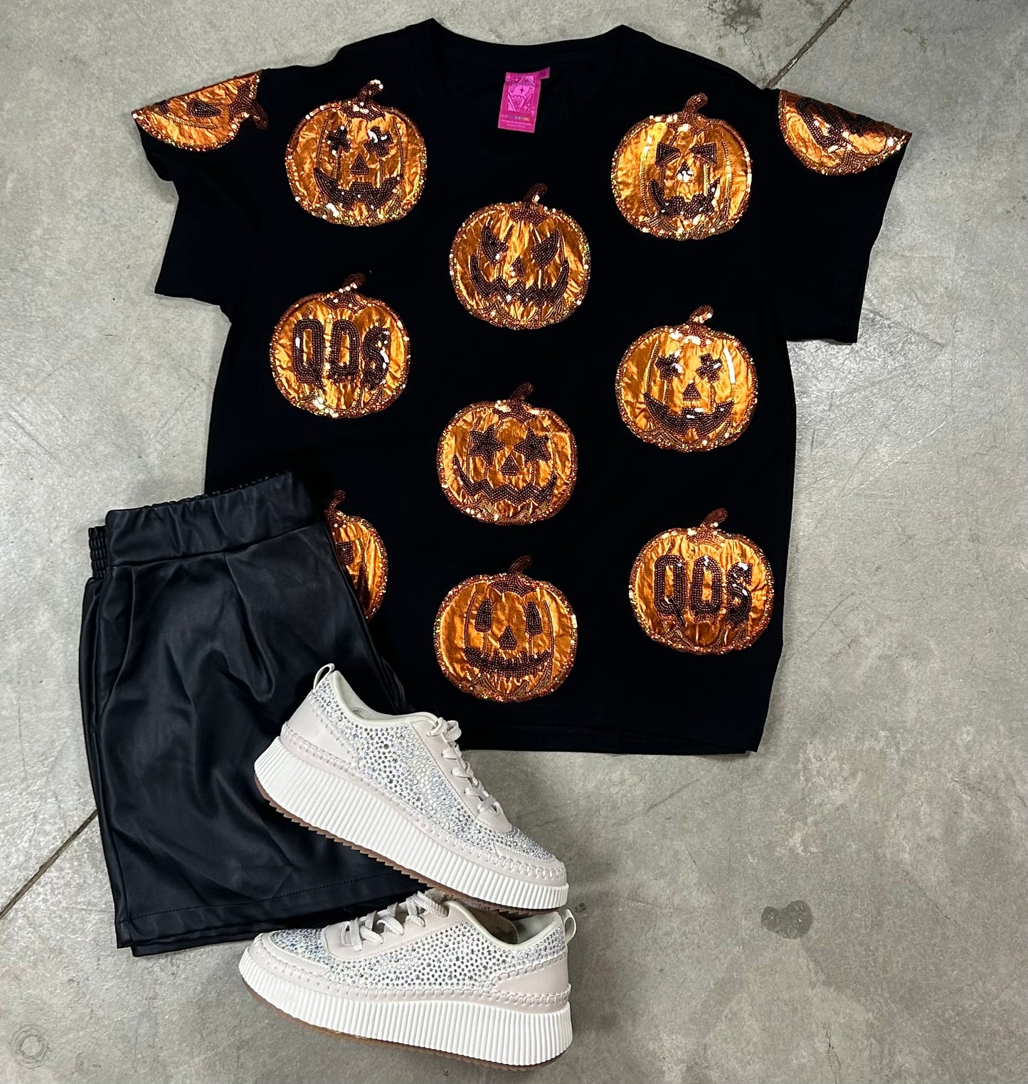 Queen of Sparkles Black & Orange Metallic Pumpkin Tee