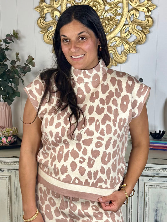 Taupe Leopard Mock Neck Knit Top