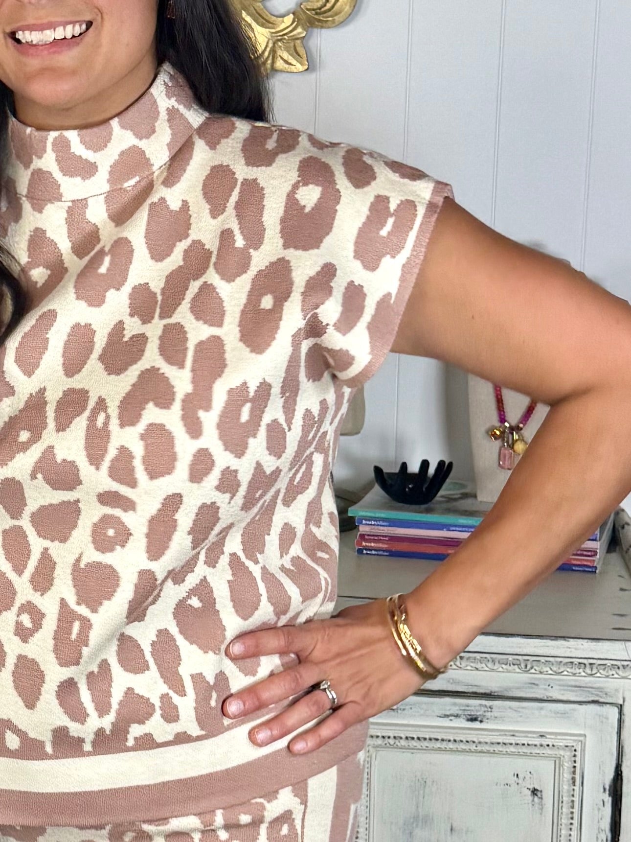 Taupe Leopard Mock Neck Knit Top
