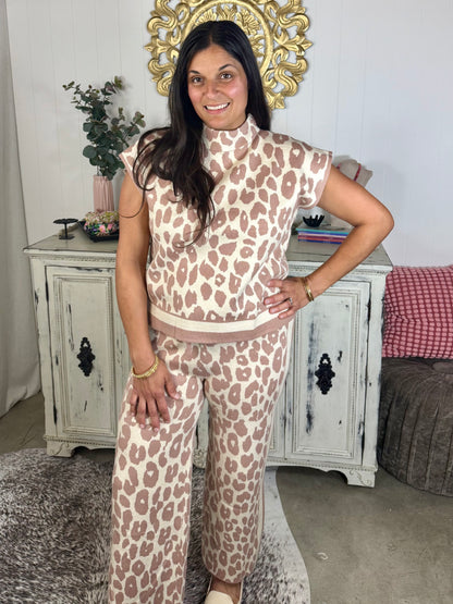 Taupe Leopard Mock Neck Knit Top