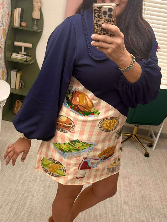 Queen of Sparkles Navy & Pink Gingham Colorblock Thanksgiving Meal Collar Dress