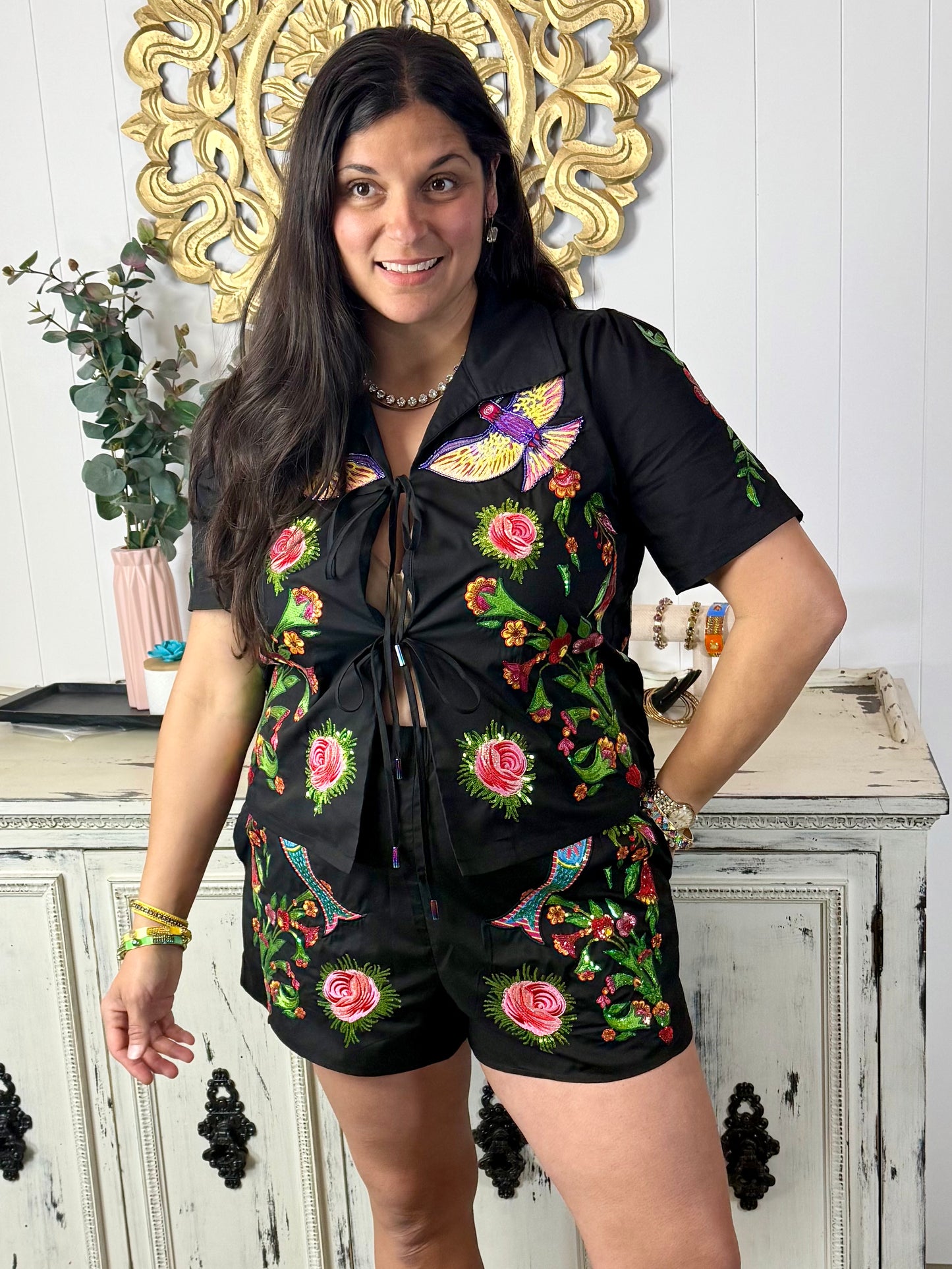 Queen of Sparkles Black Flower, Bird & Fish Tie Up Cotton Short