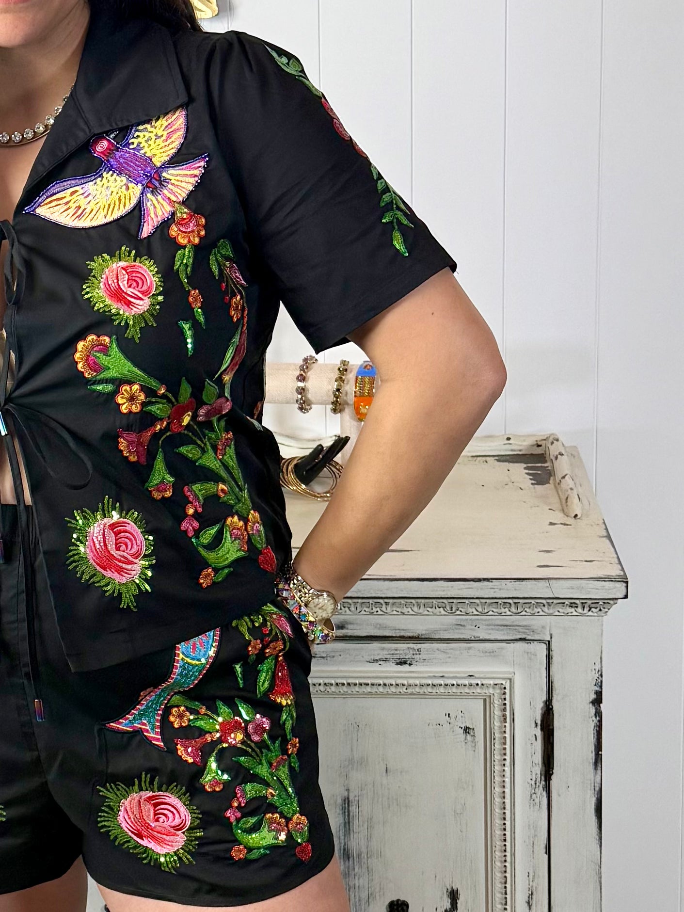 Queen of Sparkles Black Flower, Bird & Fish Tie Up Cotton Short
