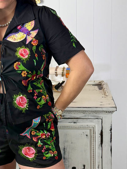 Queen of Sparkles Black Flower, Bird & Fish Tie Up Cotton Short