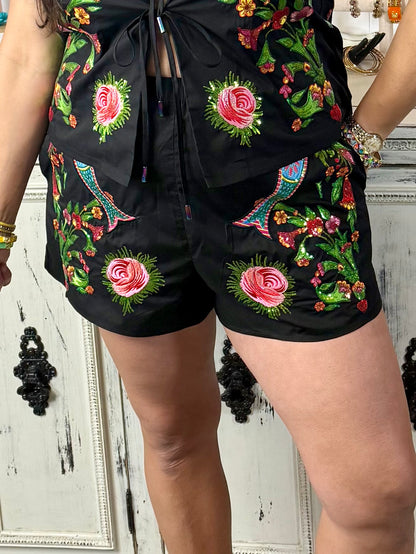 Queen of Sparkles Black Flower, Bird & Fish Tie Up Cotton Short