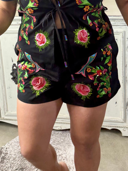 Queen of Sparkles Black Flower, Bird & Fish Tie Up Cotton Short