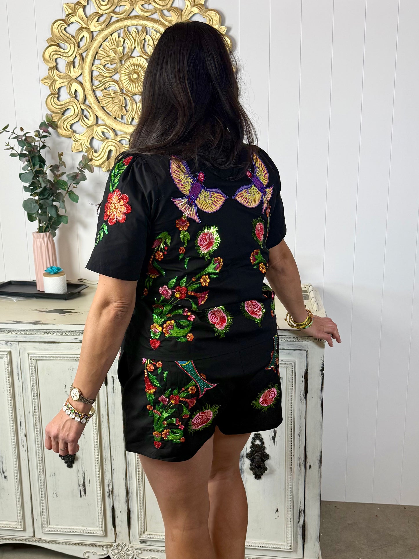 Queen of Sparkles Black Flower, Bird & Fish Tie Up Cotton Short Sleeve Top