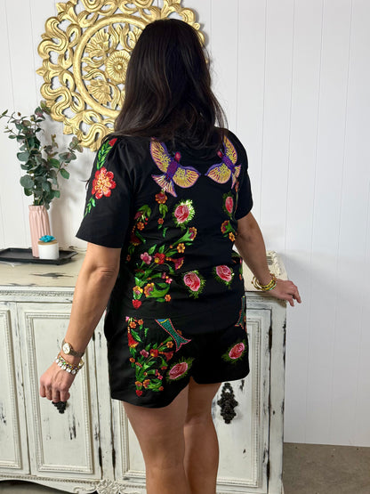 Queen of Sparkles Black Flower, Bird & Fish Tie Up Cotton Short Sleeve Top
