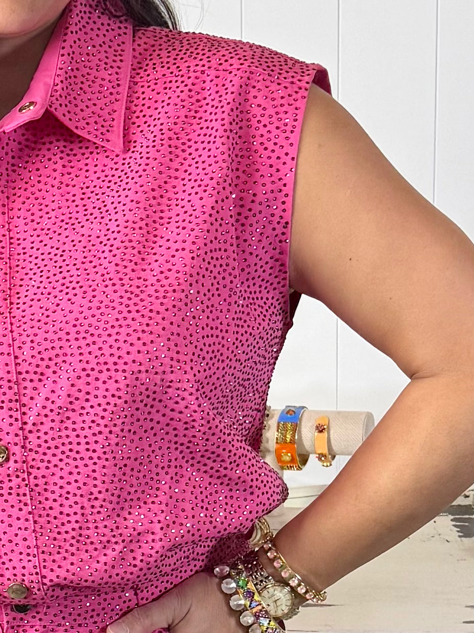 Queen of Sparkles Hot Pink Rhinestone Button Up Romper