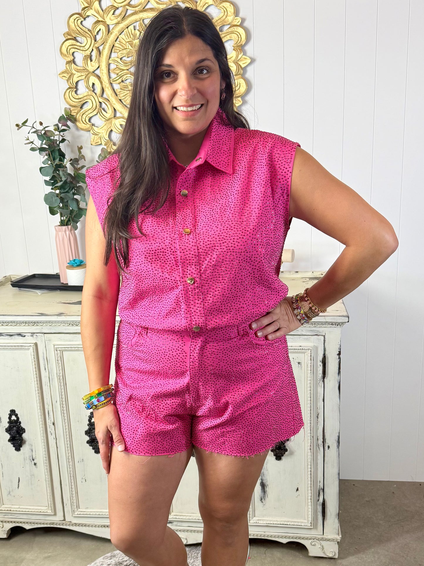 Queen of Sparkles Hot Pink Rhinestone Button Up Romper