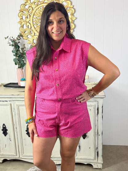 Queen of Sparkles Hot Pink Rhinestone Button Up Romper