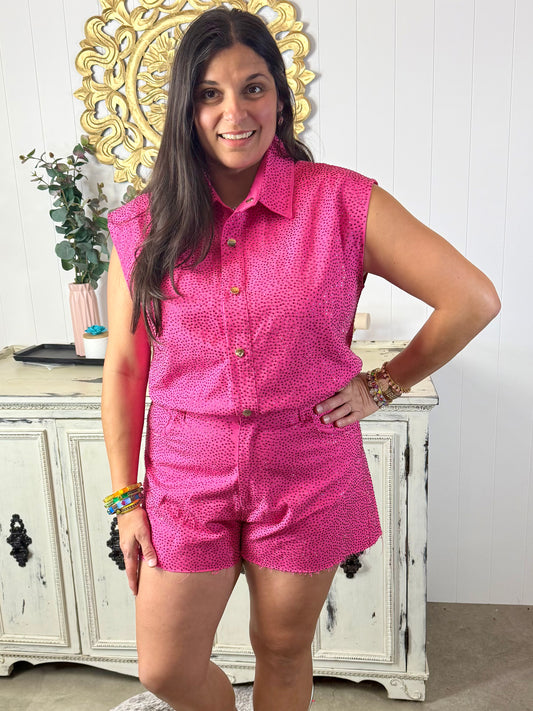 Queen of Sparkles Hot Pink Rhinestone Button Up Romper