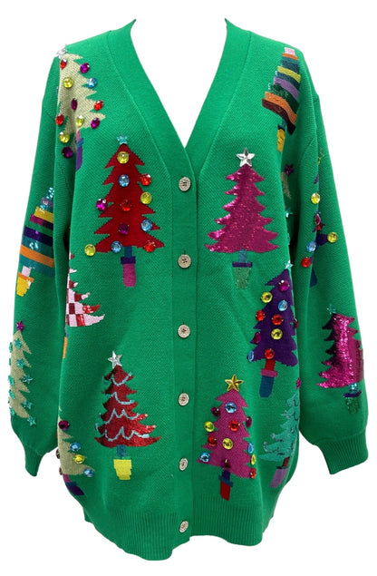 Queen of Sparkles Green Colorblock Trees Cardigan Dress