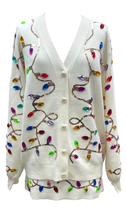 Queen of Sparkles White Jeweled Christmas Lights Cardigan