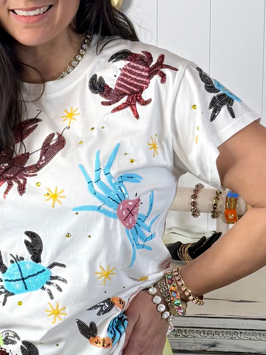 Queen of Sparkles White Multi Crab & Lobster Tee