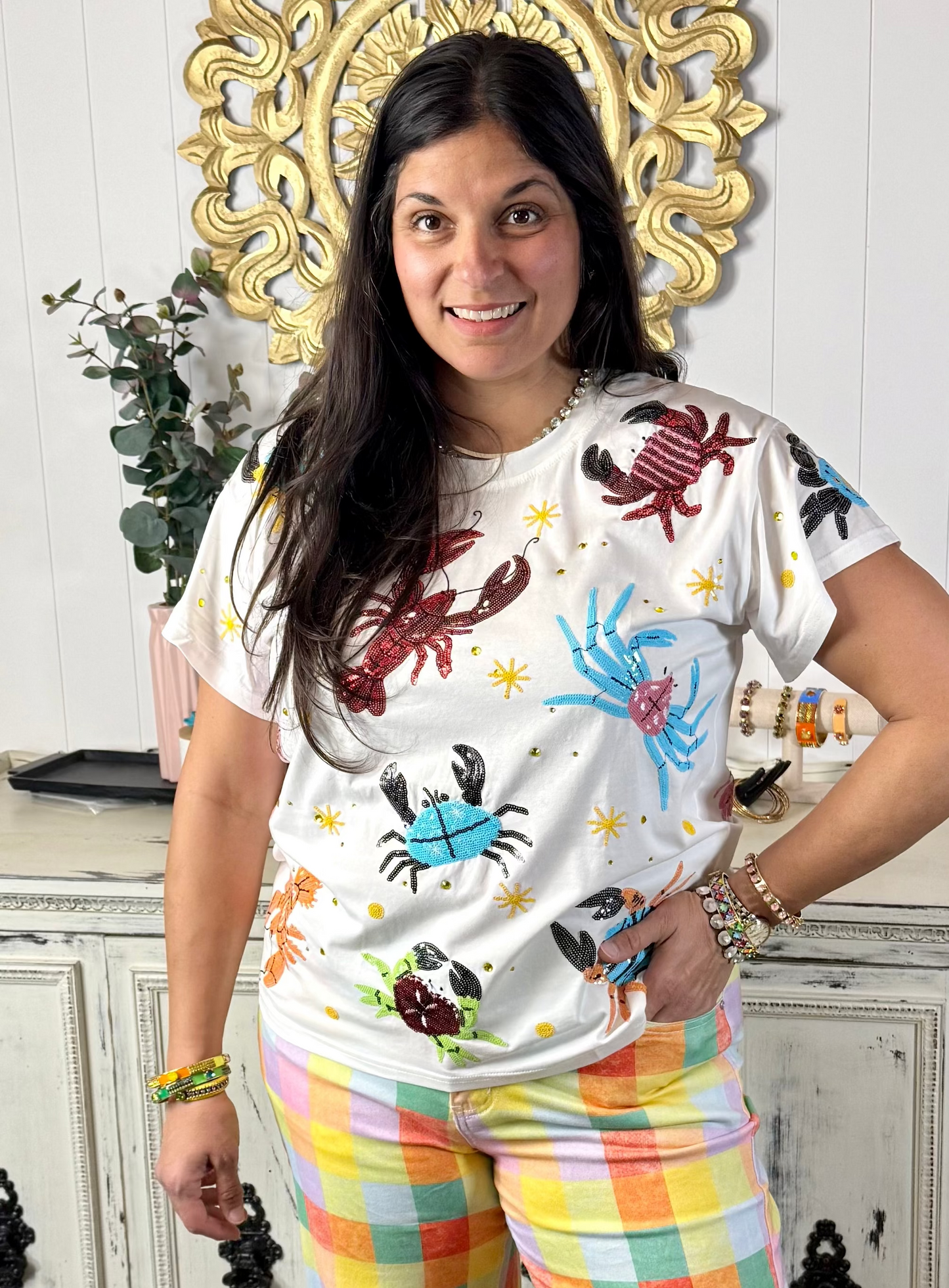 Queen of Sparkles White Multi Crab & Lobster Tee