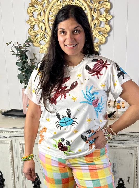 Queen of Sparkles White Multi Crab & Lobster Tee