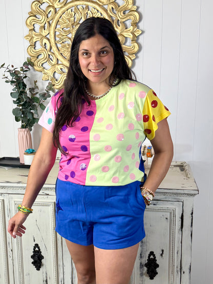 Queen of Sparkles Multi Colorblock Polka Dot Tee