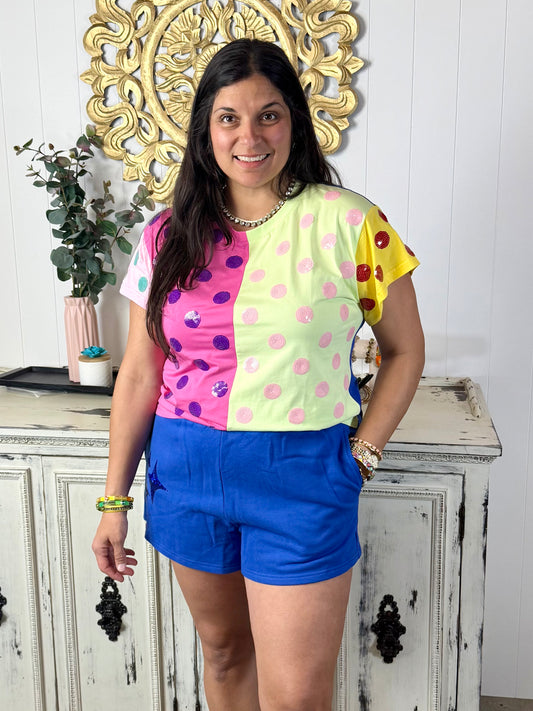 Queen of Sparkles Multi Colorblock Polka Dot Tee