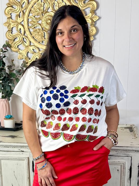 Queen of Sparkles White Fruit USA Flag Tee