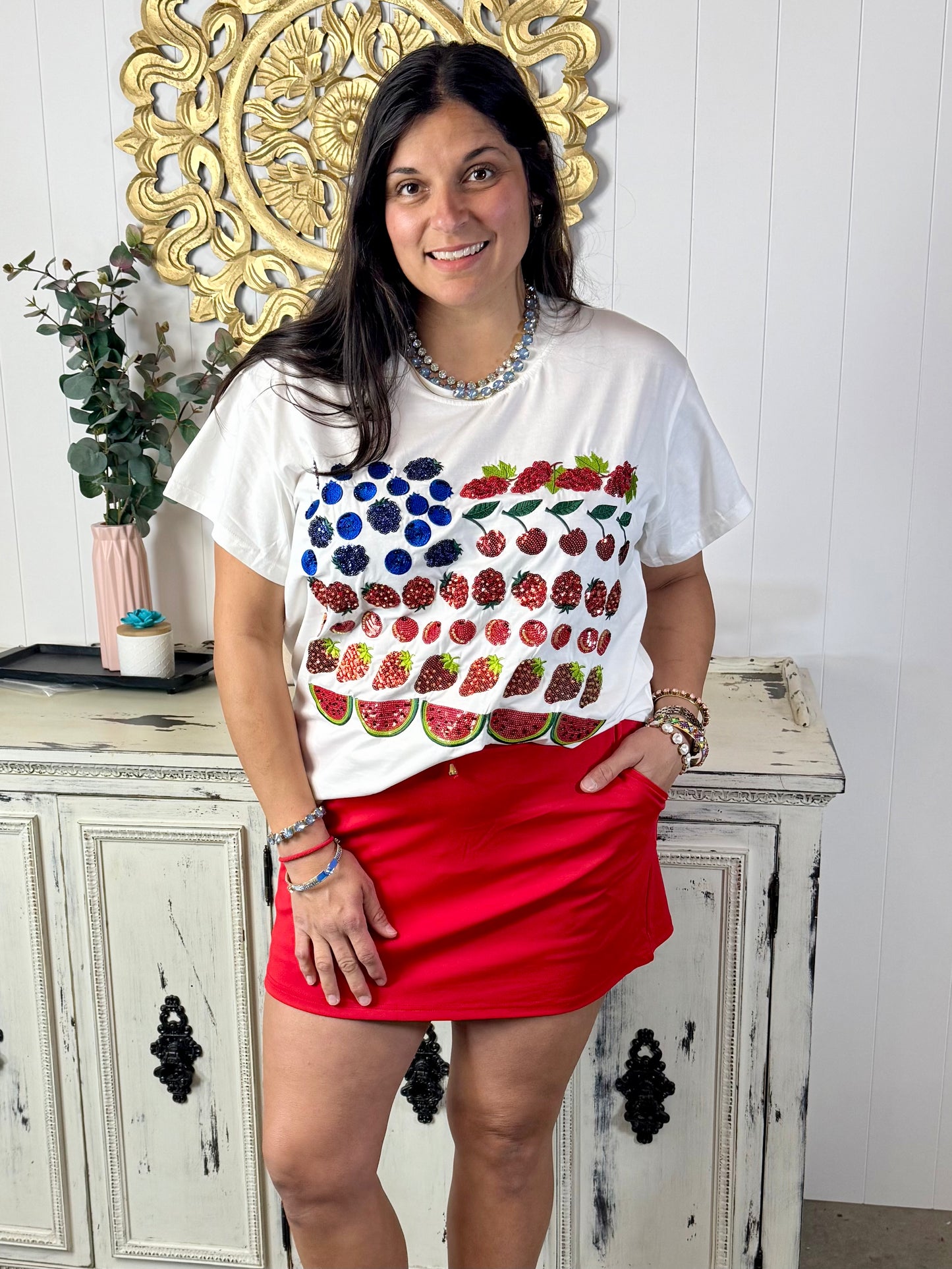 Queen of Sparkles White Fruit USA Flag Tee