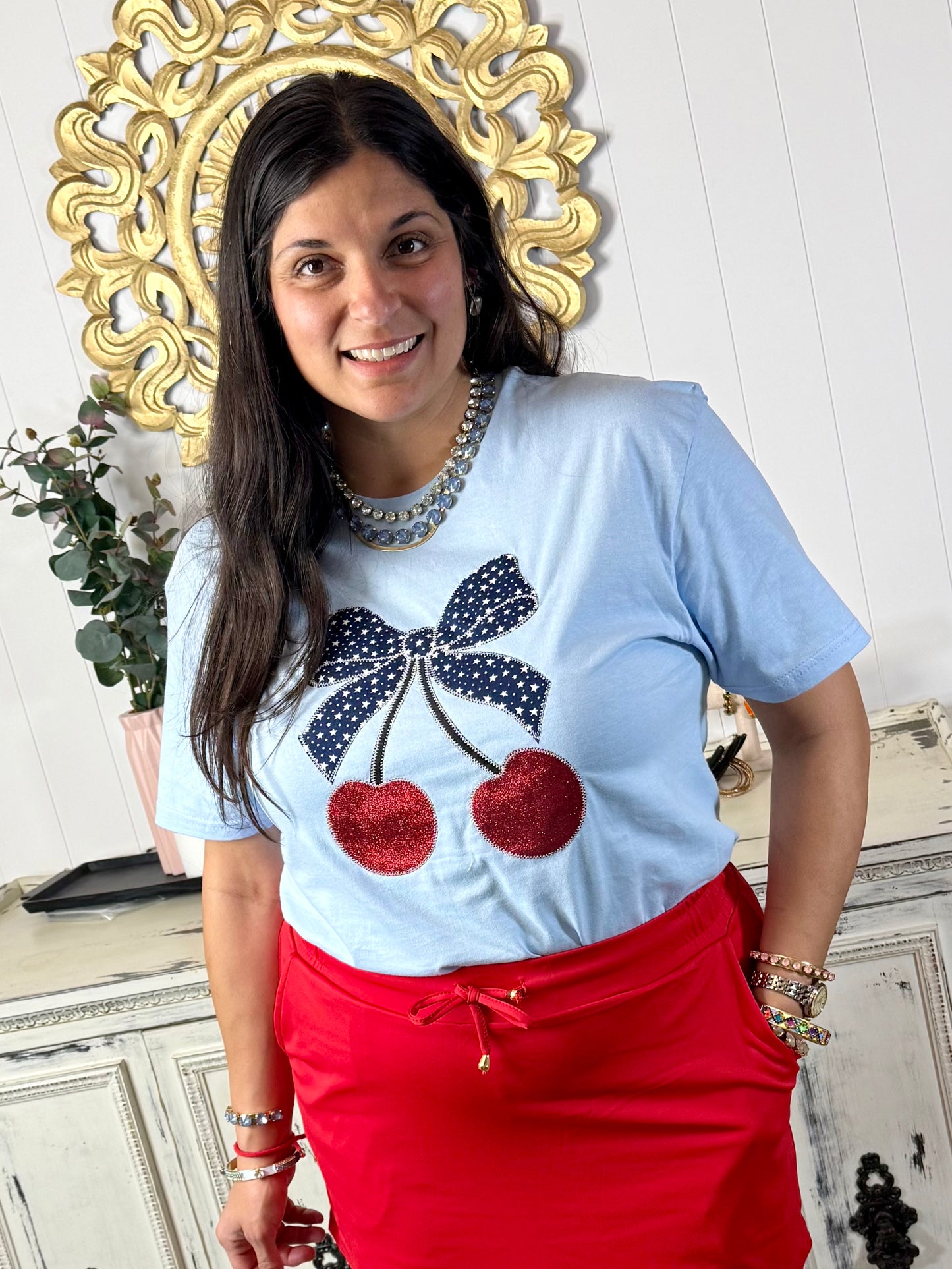 Americana Cherry Graphic Sequin Tee