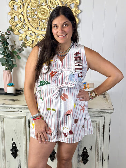 Queen of Sparkles Multi Striped Beach Icon Tie Cotton Romper