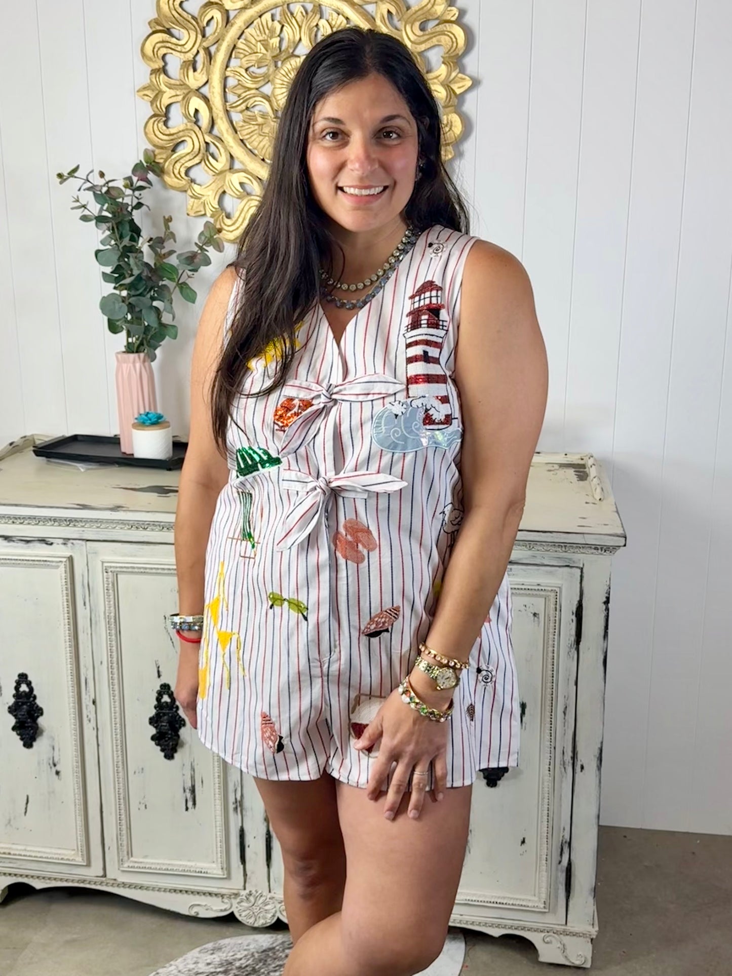 Queen of Sparkles Multi Striped Beach Icon Tie Cotton Romper