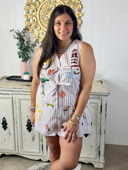 Queen of Sparkles Multi Striped Beach Icon Tie Cotton Romper