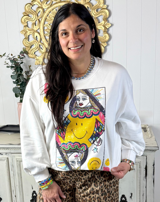 Queen of Sparkles Licensed White Smiley Queen Card Sweatshirt