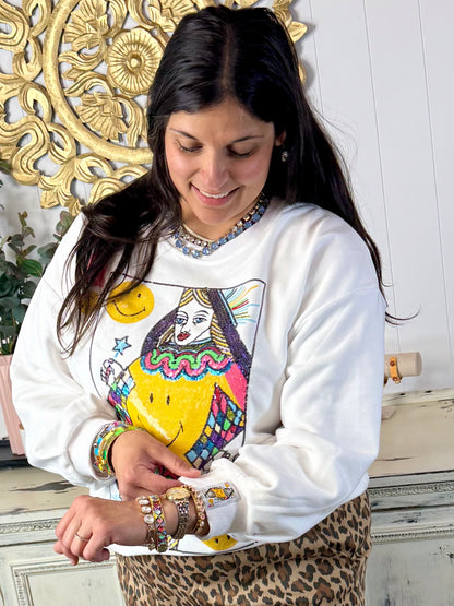 Queen of Sparkles Licensed White Smiley Queen Card Sweatshirt