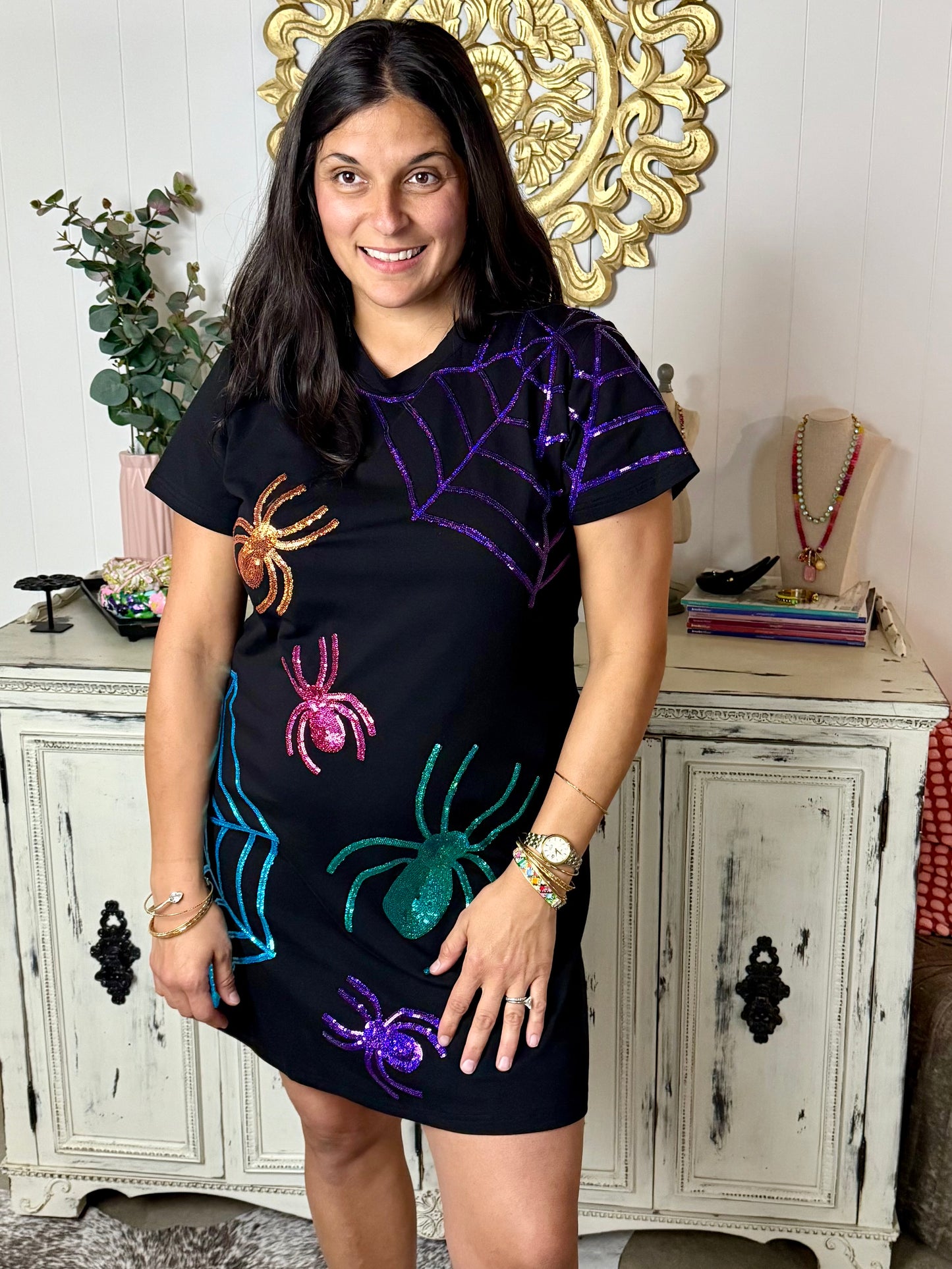 Spooky Spider Web Sequin Tee Dress