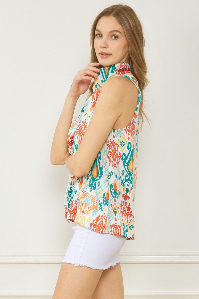 High Neck Drape Print Top