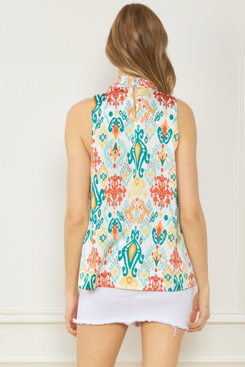 High Neck Drape Print Top