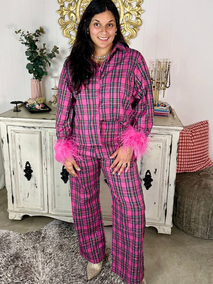 Queen of Sparkles Pink Plaid Feather Top