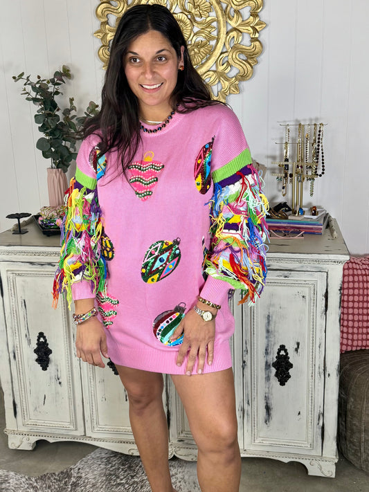Queen of Sparkles Pink Multi Jeweled Ornament Fringe Sweater Dress