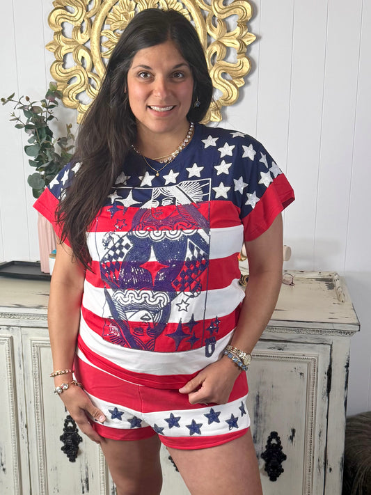Queen of Sparkles Usa Star & Stripe Qos Card Logo Tee