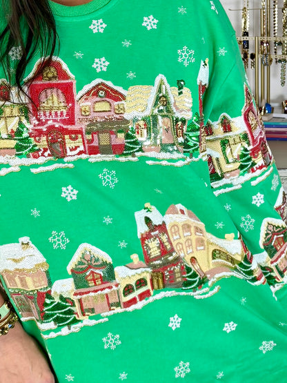Queen of Sparkles Green Christmas Village Sweatshirt Dress