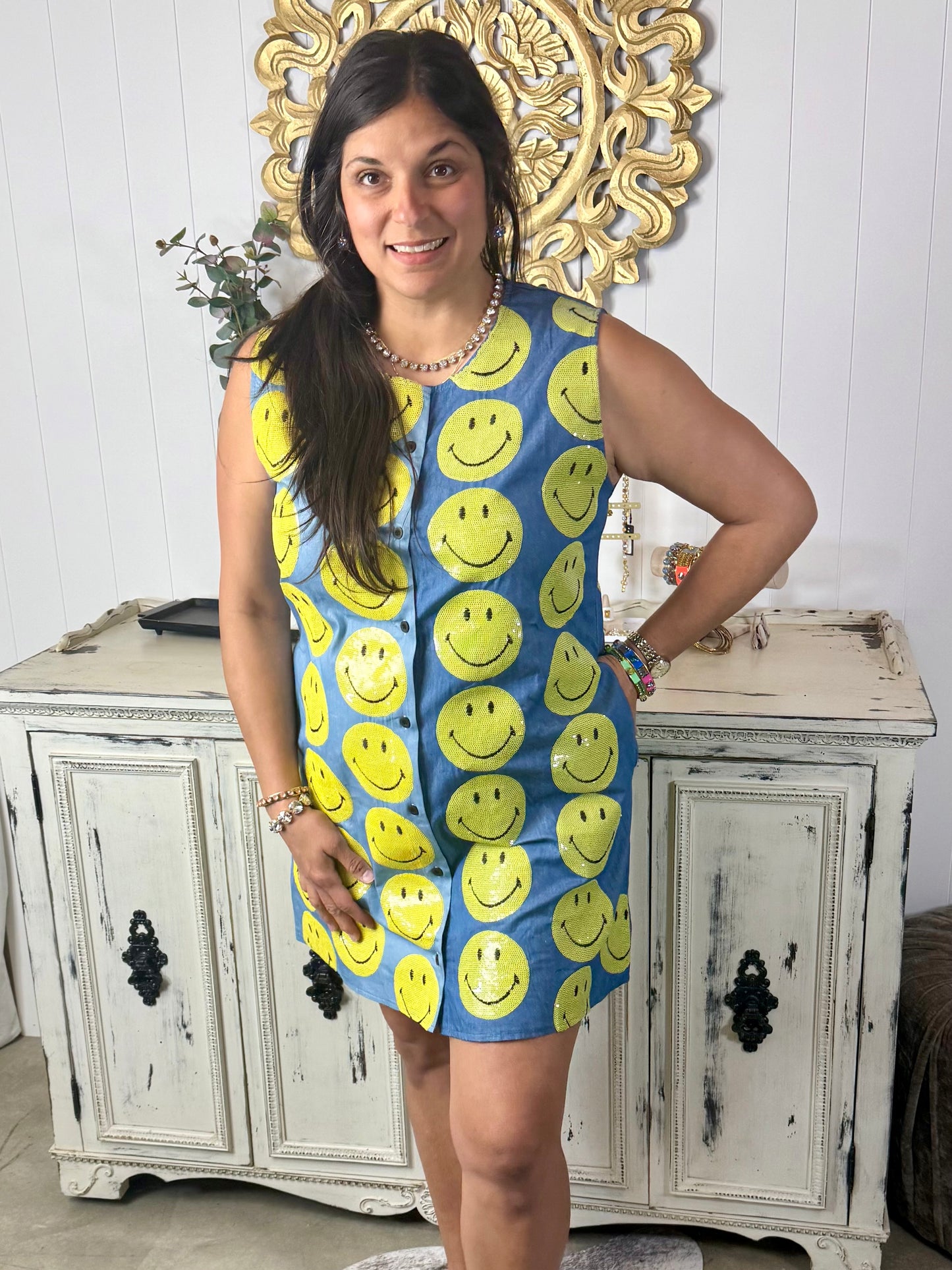Queen of Sparkles Licensed Two Tone Denim Smiley Dress