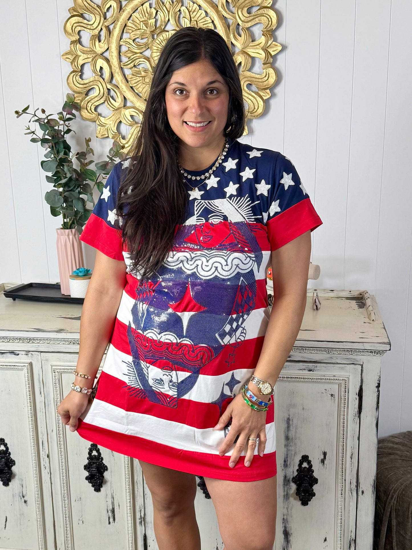 Queen of Sparkles Usa Star & Stripe Qos Card Logo Tee Dress