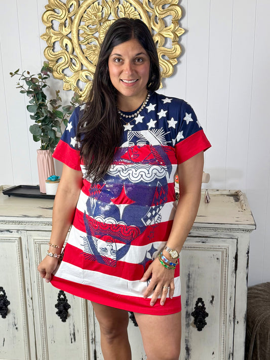 Queen of Sparkles Usa Star & Stripe Qos Card Logo Tee Dress